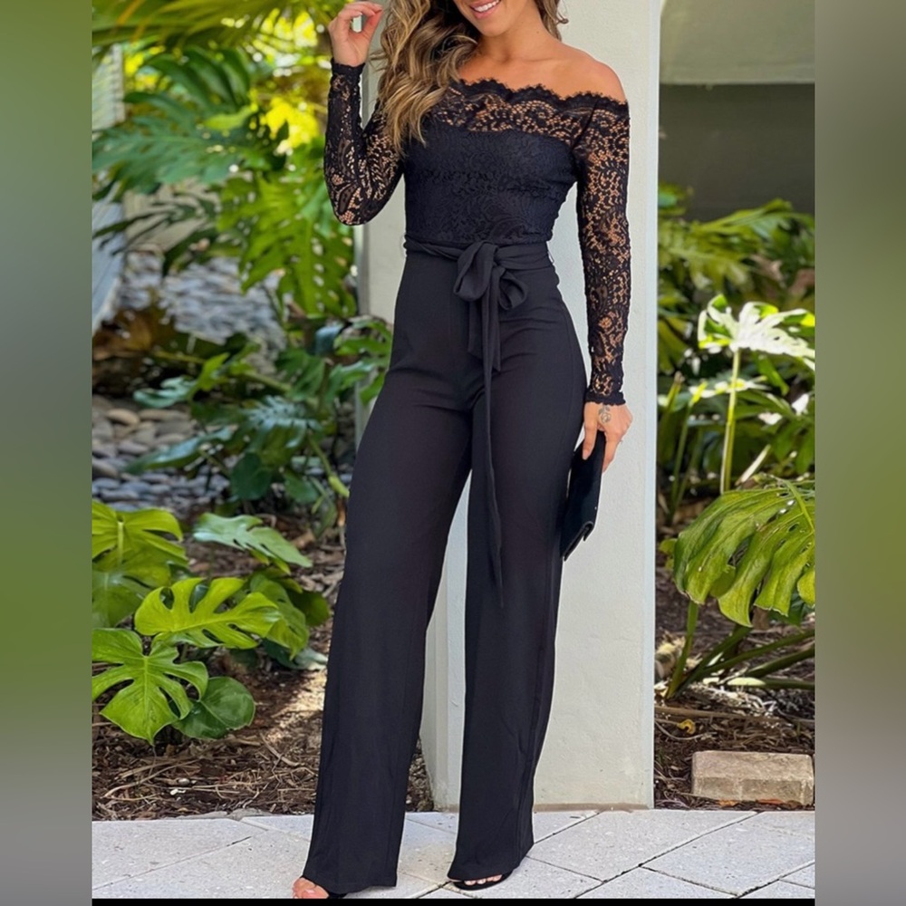 Off-Shoulder Black Lace Jumpsuit